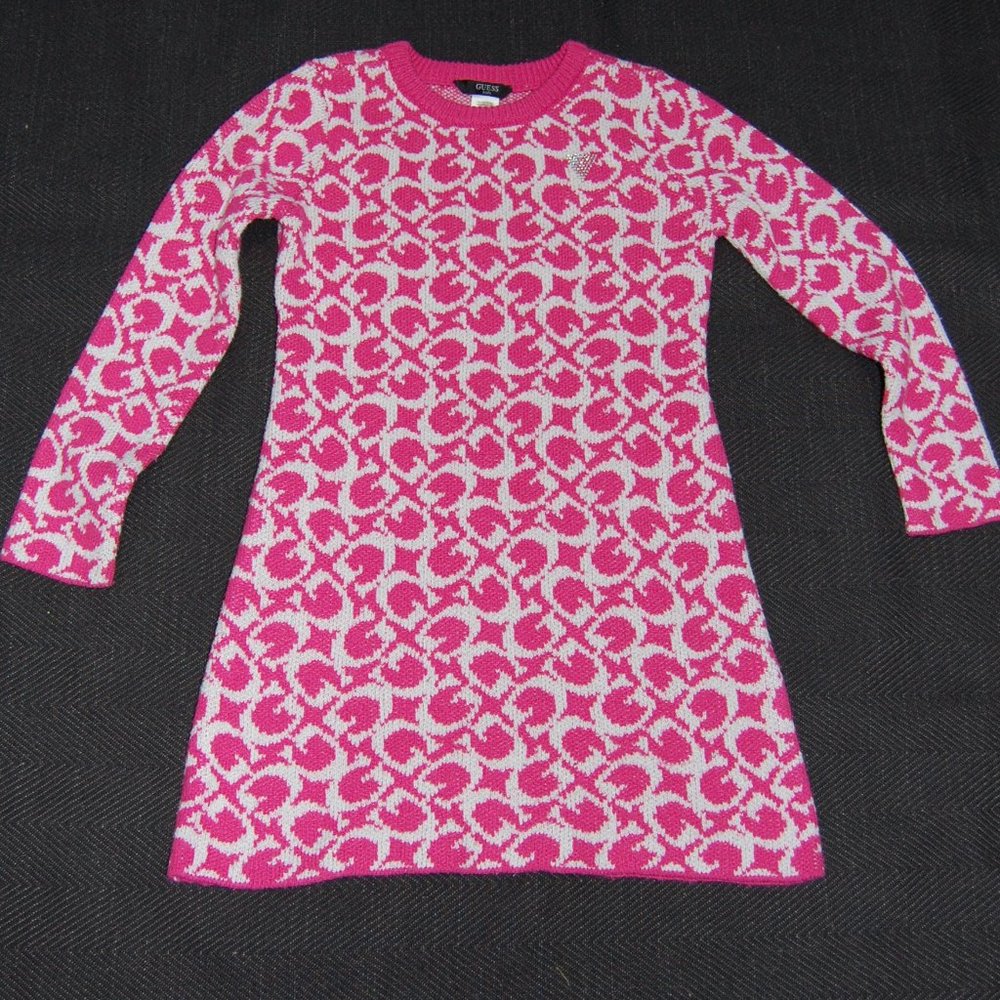 Guess Girls Pink and White Patterned Long Sleeve Knit Dress